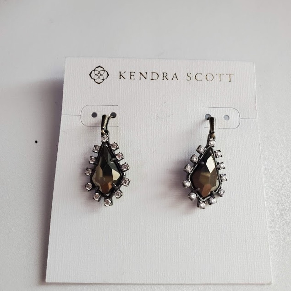 Kendra Scott Bronze Tone Drop Earrings Bronze Dangle Clear Crystals Edgy - Picture 2 of 7